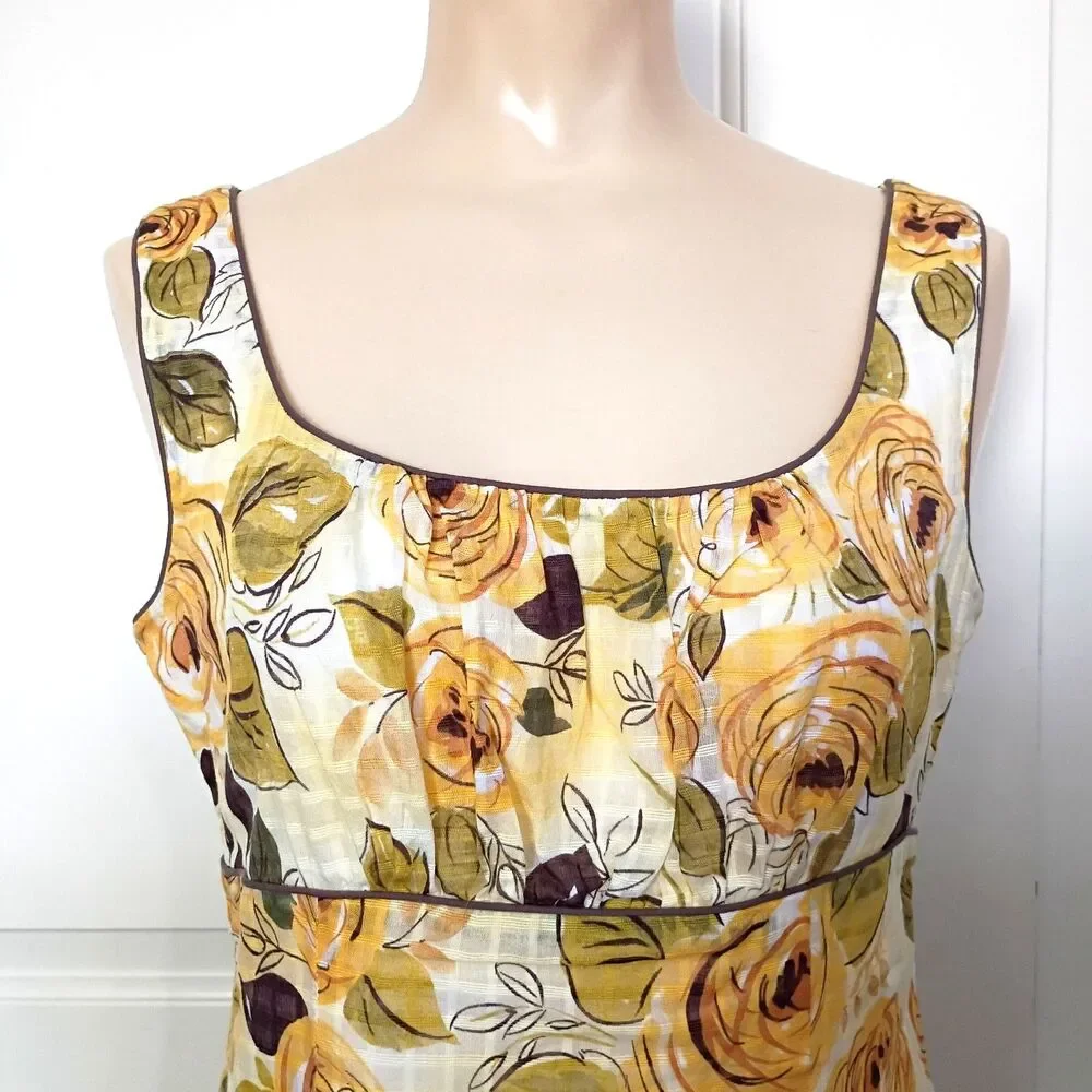 Cabi Yellow Rose Print A Line Sleeveless Dress Sz 4 Cotton Milkmaid Cottagecore